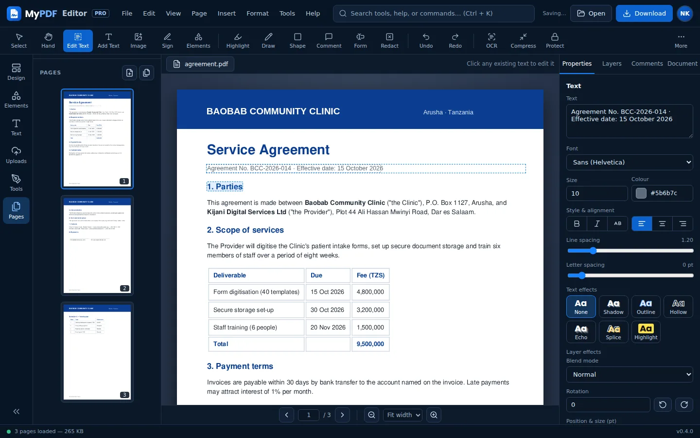 Editing the date in an agreement with Edit Text