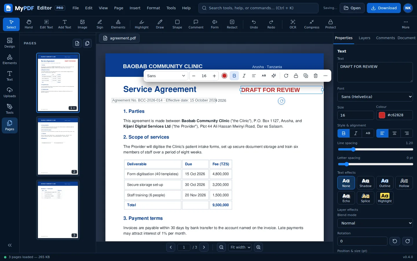 A text box selected with its properties panel
