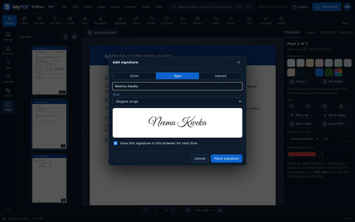 The Add signature dialog with the Type tab and a handwriting preview