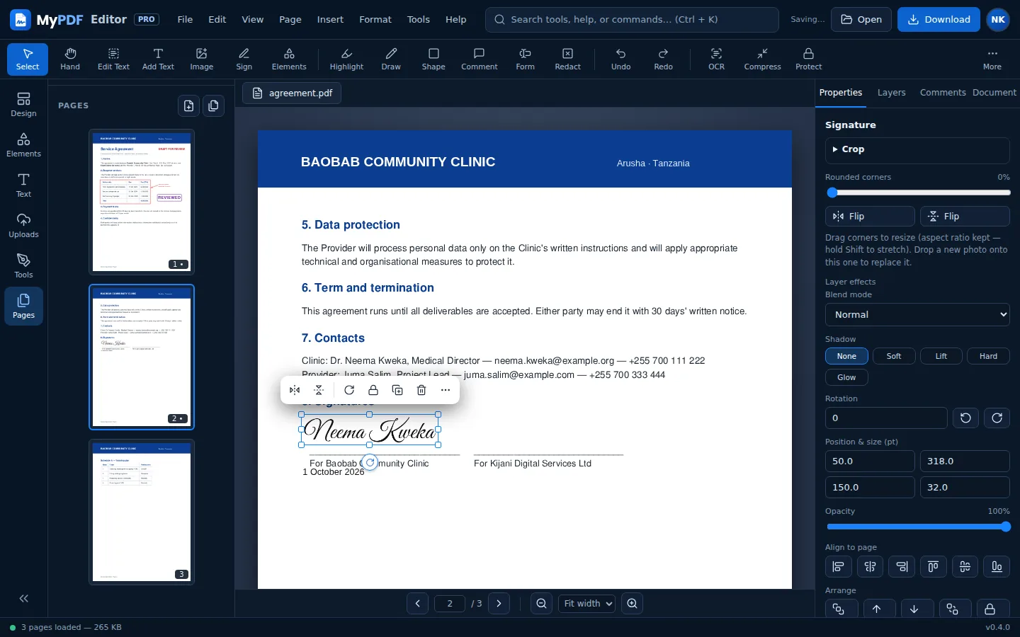 A signature and date placed on an agreement