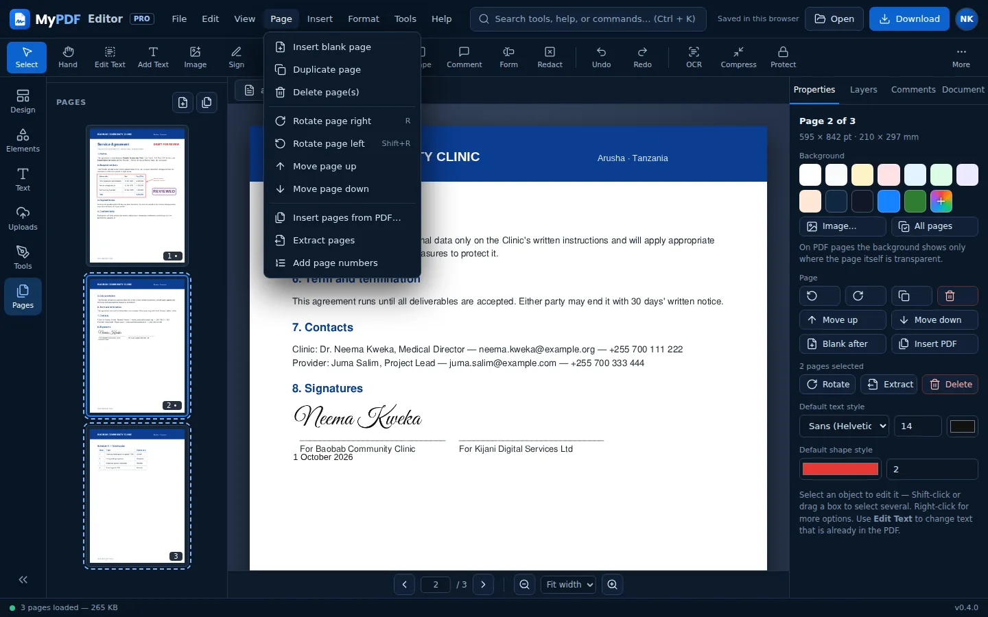 The Page menu open with two pages selected in the thumbnail list