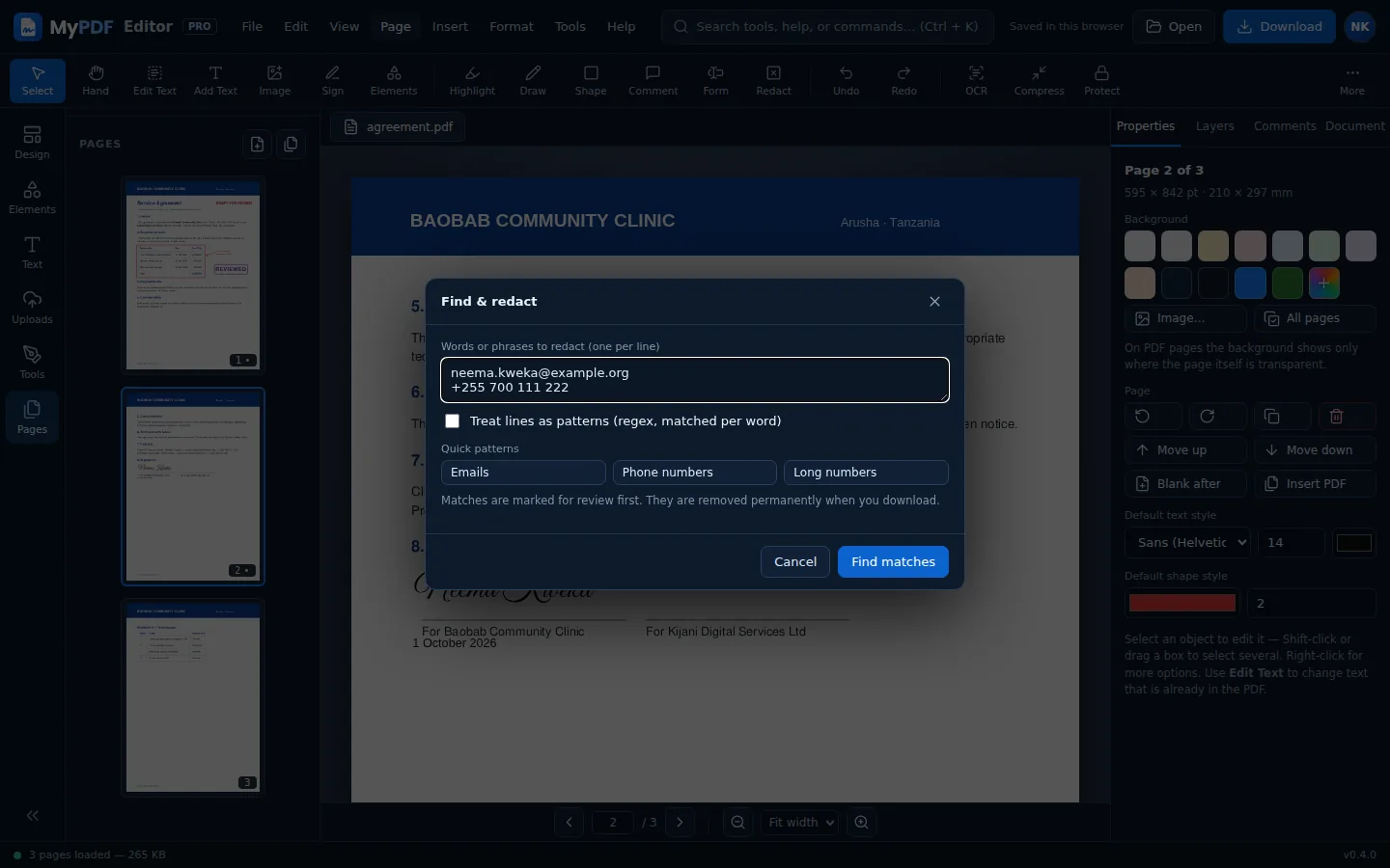The Find and redact dialog with an email address and phone number entered