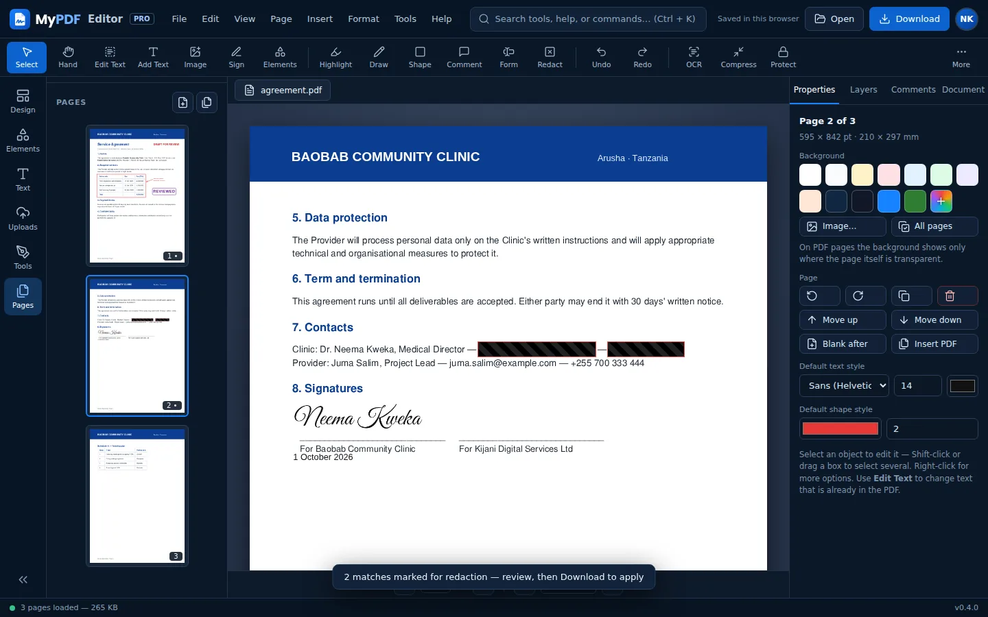 Contact details on a page covered by redaction marks