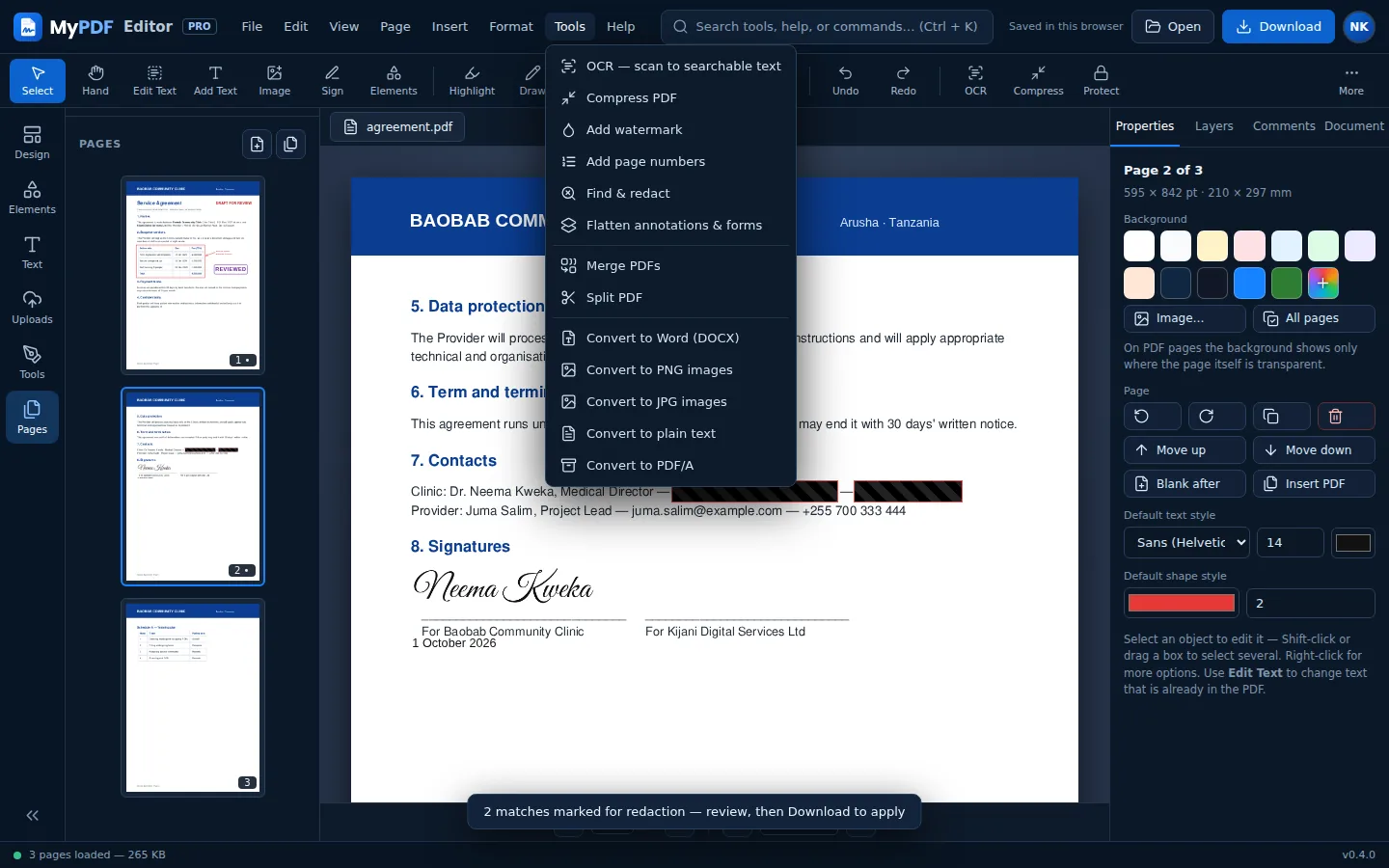 The Tools menu listing OCR, compress, watermark, page numbers, find and redact, flatten, merge, split and conversions