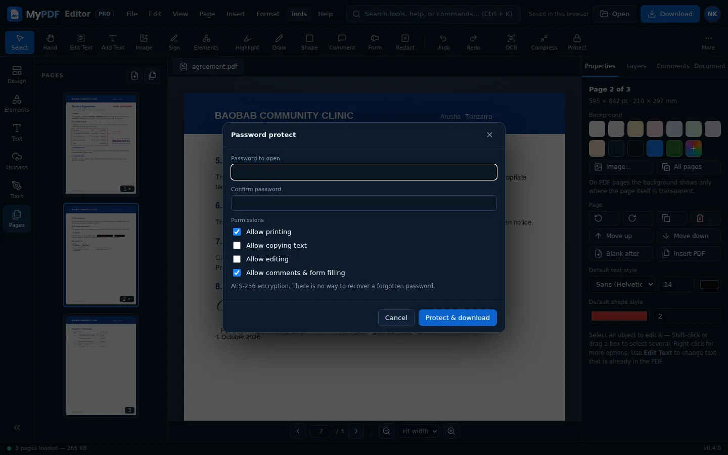 The Password protect dialog with permission checkboxes