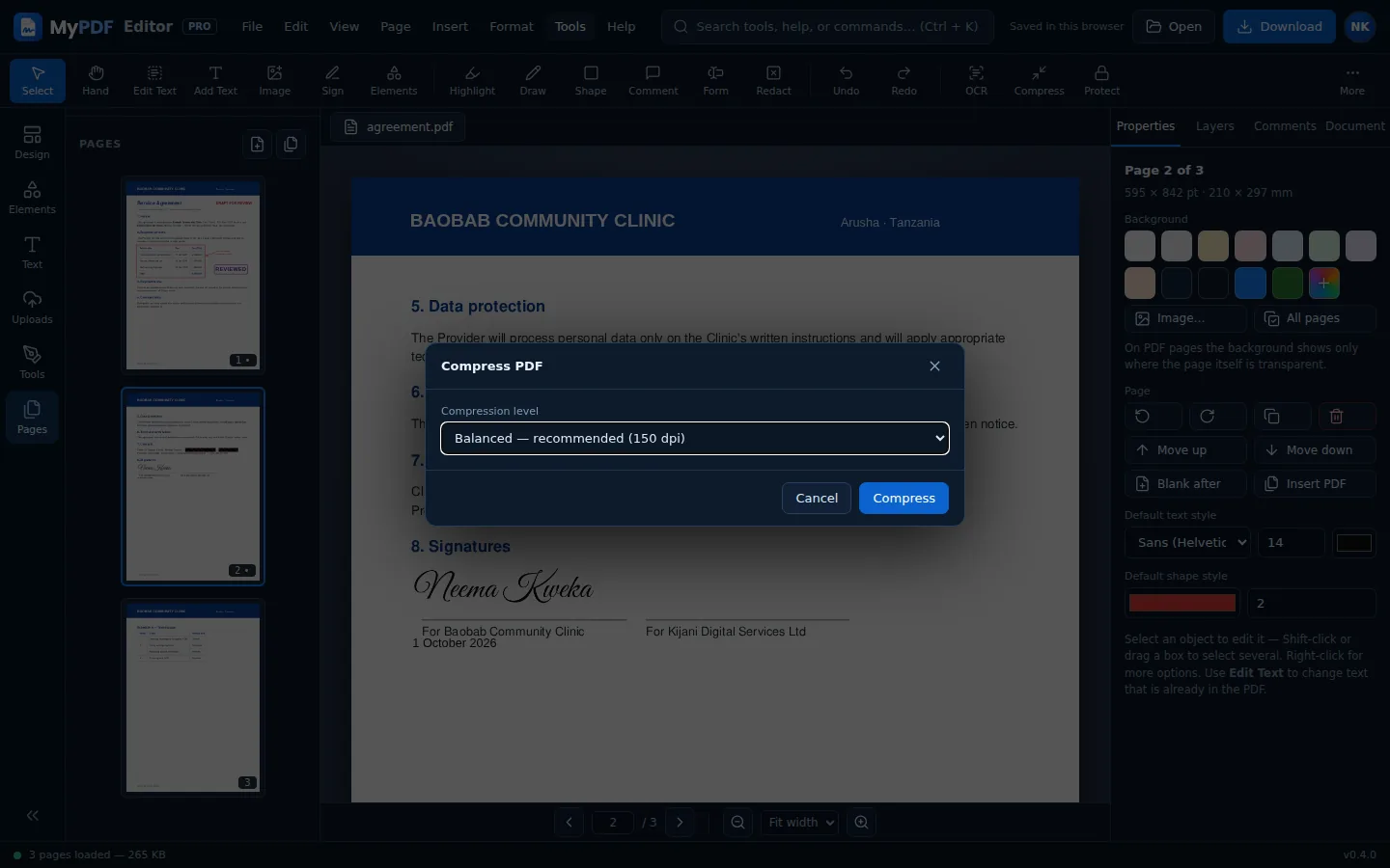 The Compress PDF dialog with the Balanced option selected