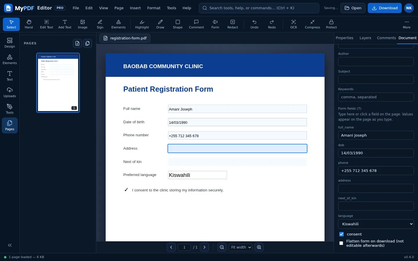 A patient registration form with name, date of birth, phone and language filled in, and the Form fields list in the Document tab