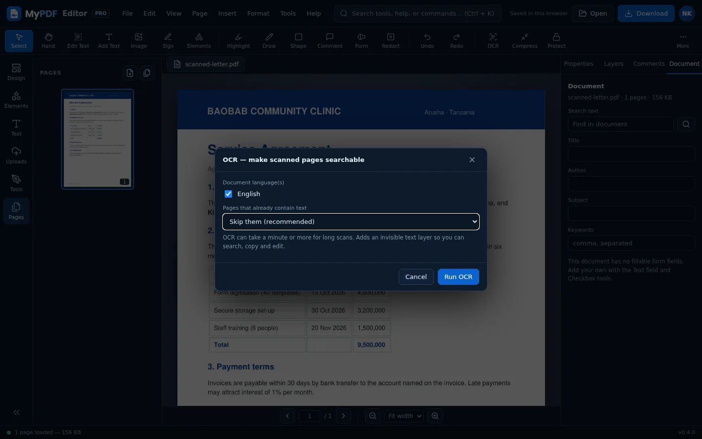 The OCR dialog with English selected and the Skip option chosen