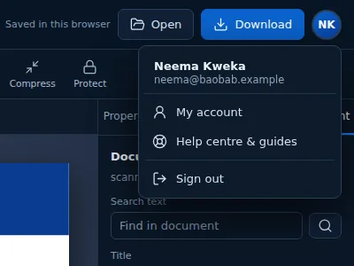 The account menu in the editor showing name, email, My account, Help centre and Sign out