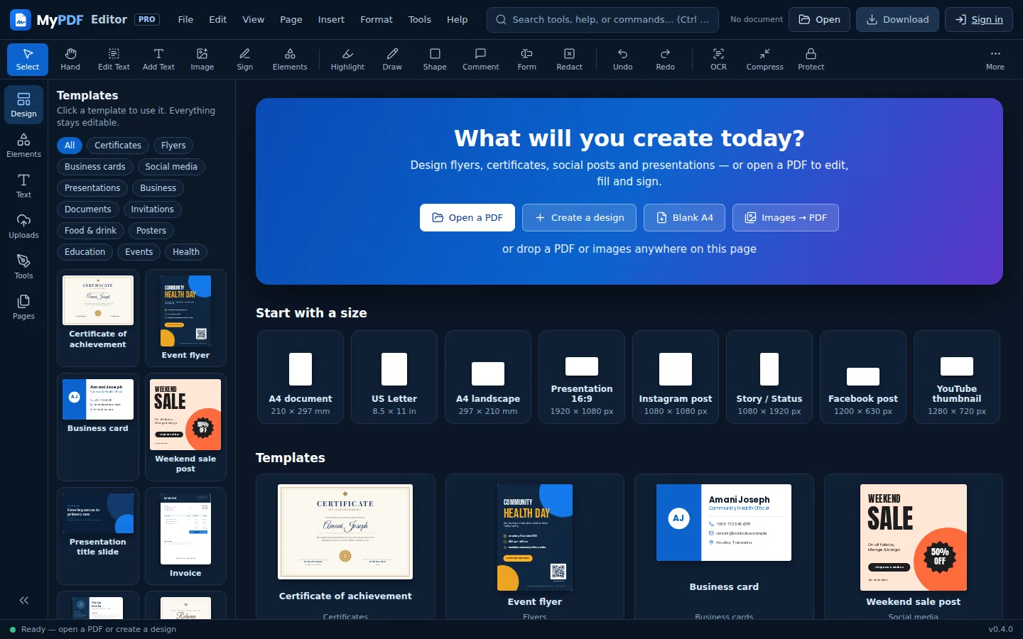 The MyPDF start screen with buttons to open a PDF or create a design, page sizes and templates