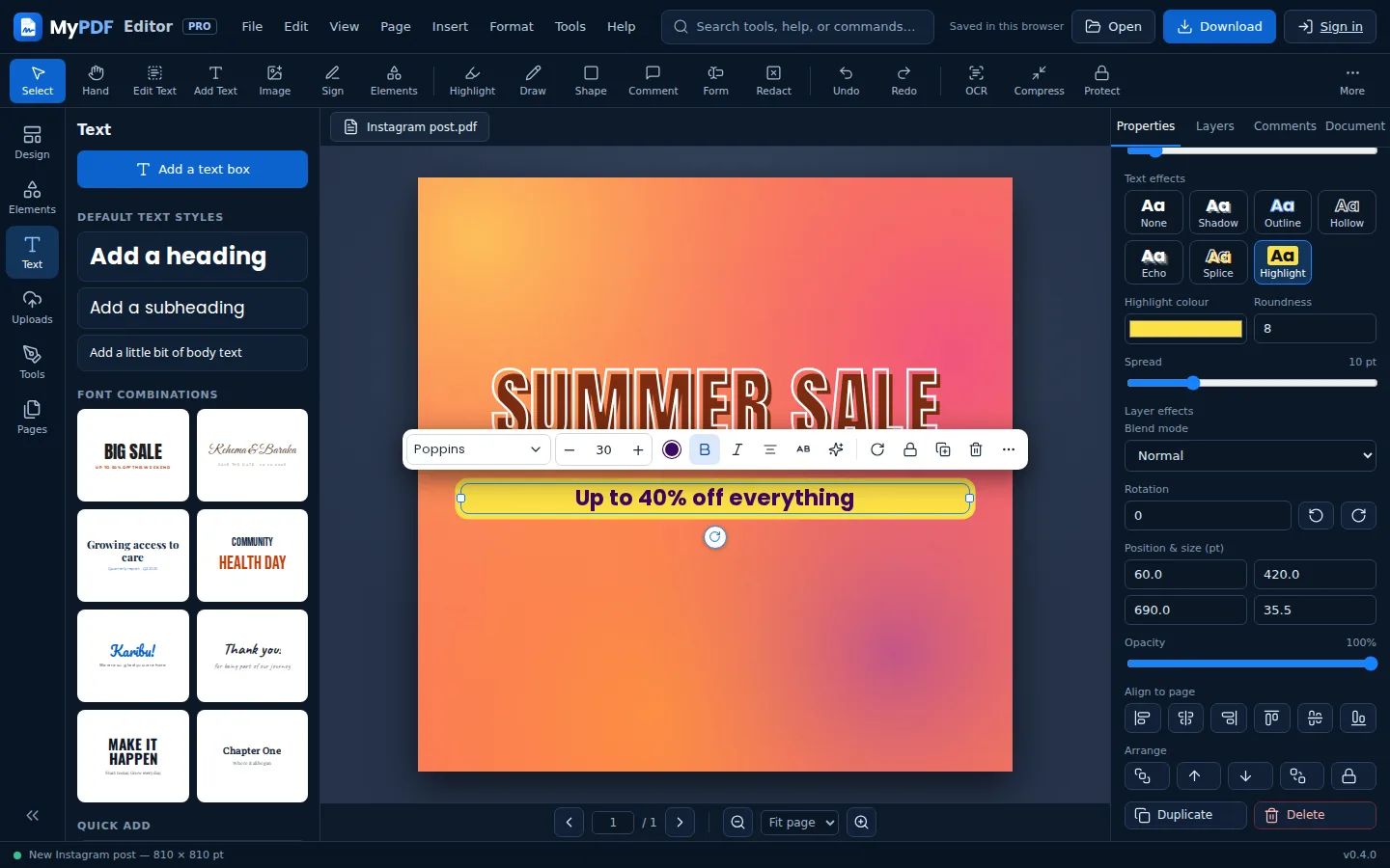 The Text panel with heading styles and font combinations