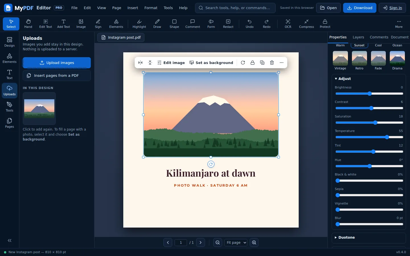 A photo with filters, adjustments and effects in the Properties panel