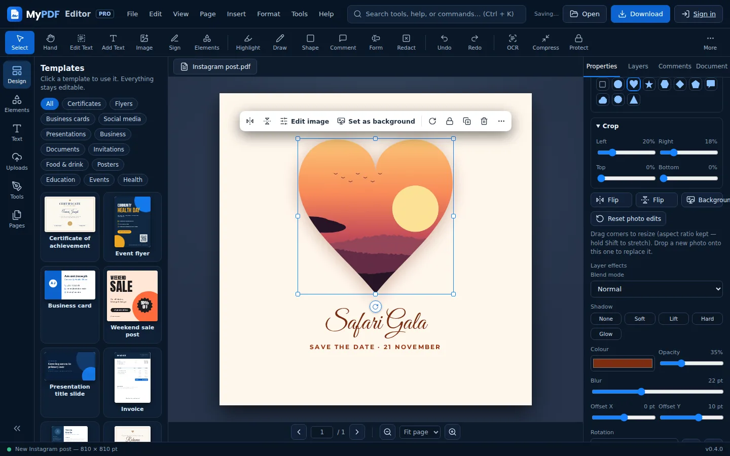 A photo inside a heart shape with a soft shadow, and the shape mask, shadow and blend mode settings