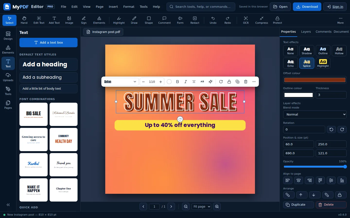 A headline with the text effects options open in Properties