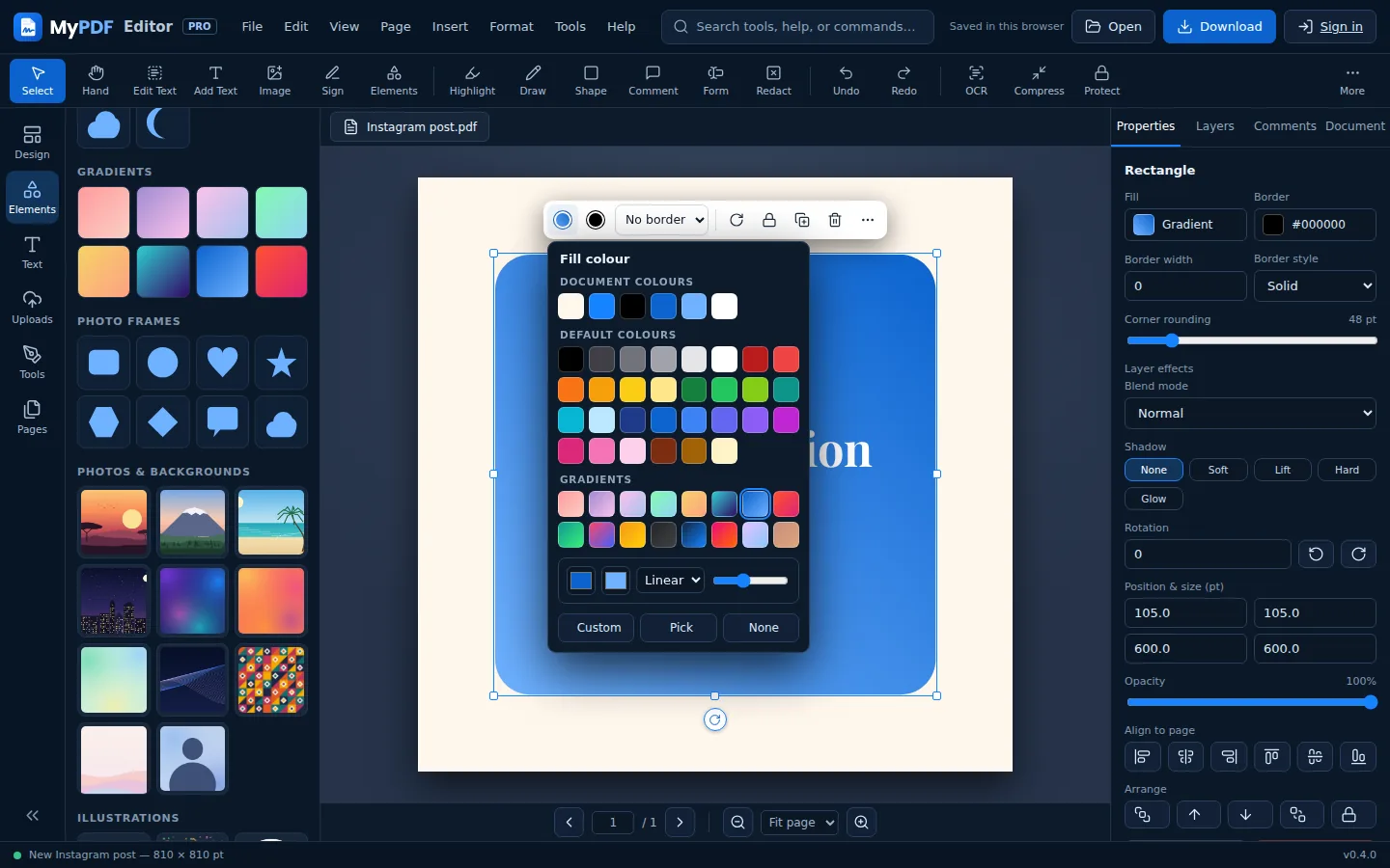 The colour picker with document colours, default colours and gradients
