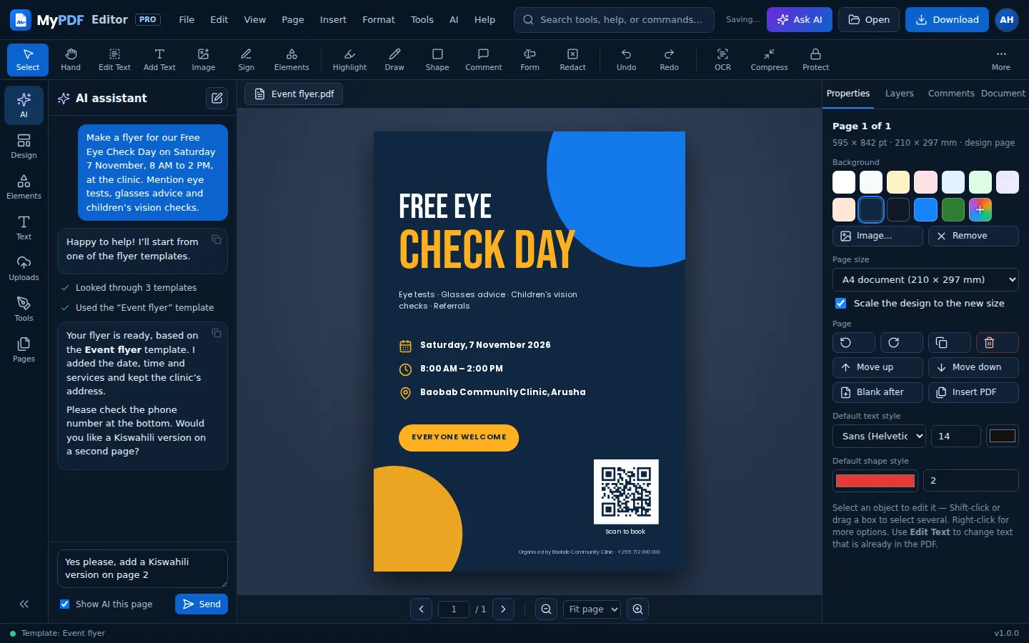 The AI assistant has used the Event flyer template to make a Free Eye Check Day flyer and explains what it changed