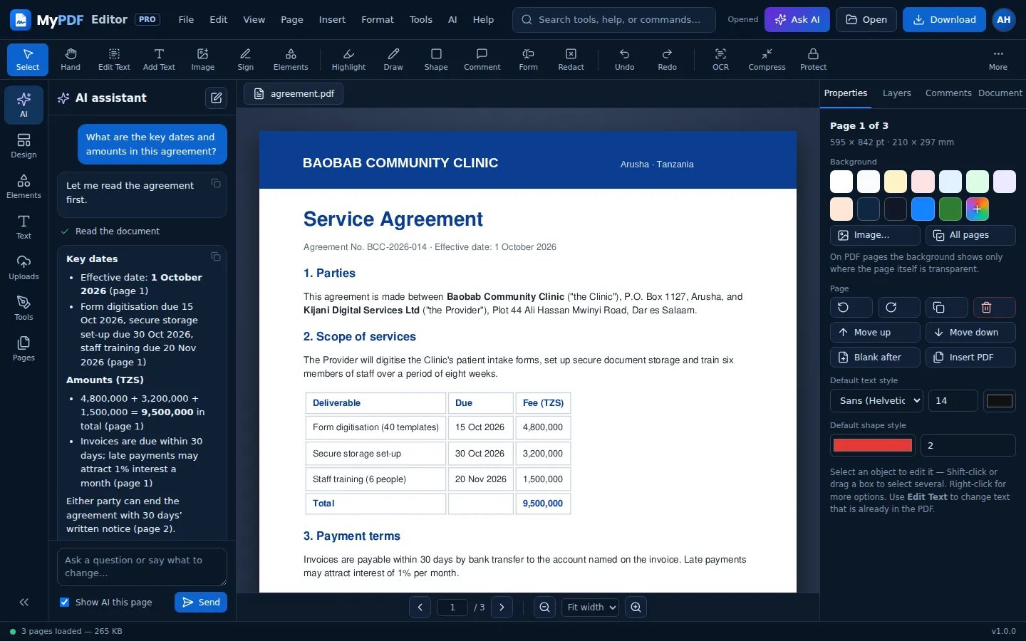 The AI assistant answering a question about a service agreement with page numbers
