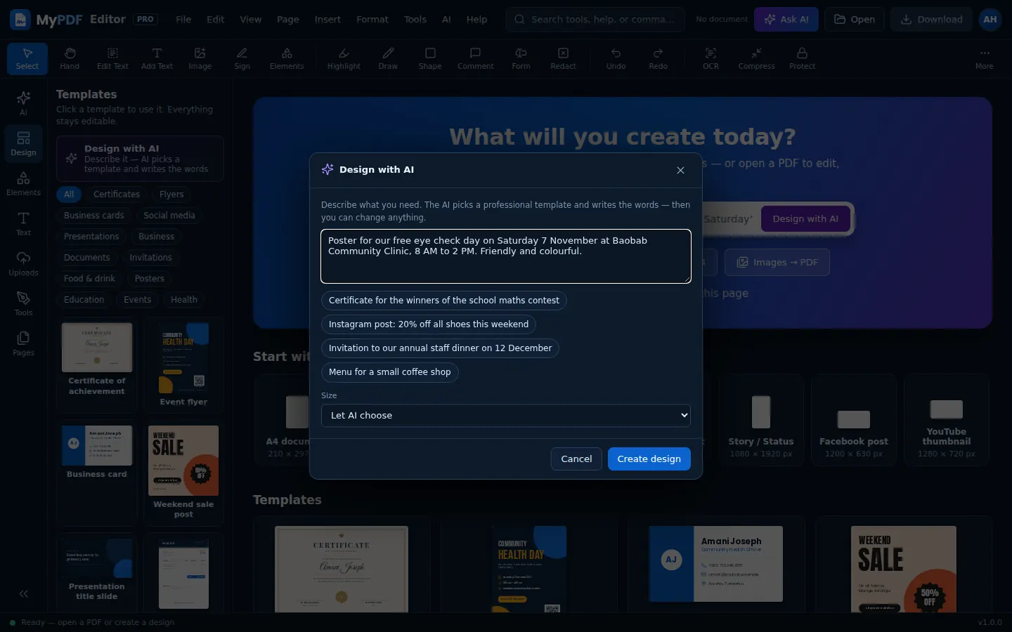The Design with AI window with a description of a poster and a choice of size