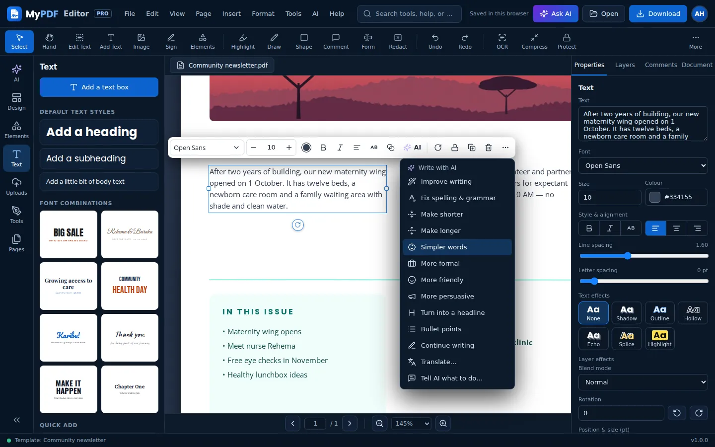 The Write with AI menu open on a selected paragraph, with actions such as Simpler words and Translate