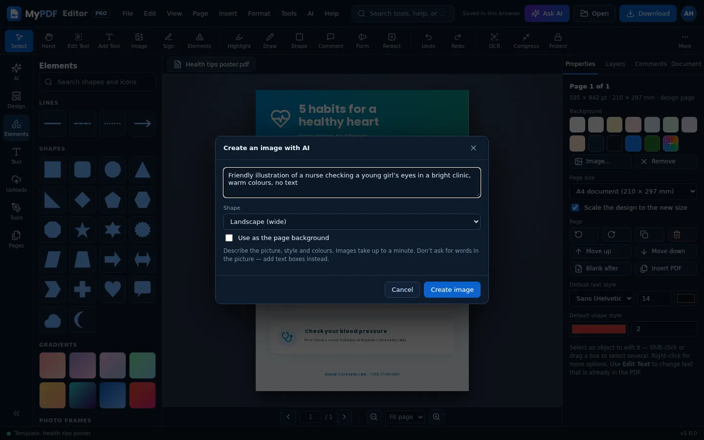 The Create an image with AI window with a description, a shape and a background option