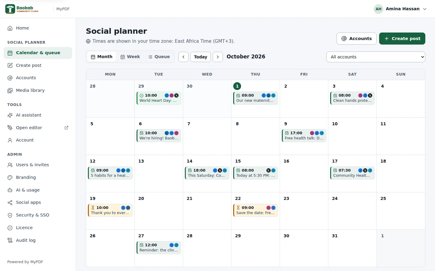 The social planner calendar for a month, with scheduled, published and awaiting-approval posts