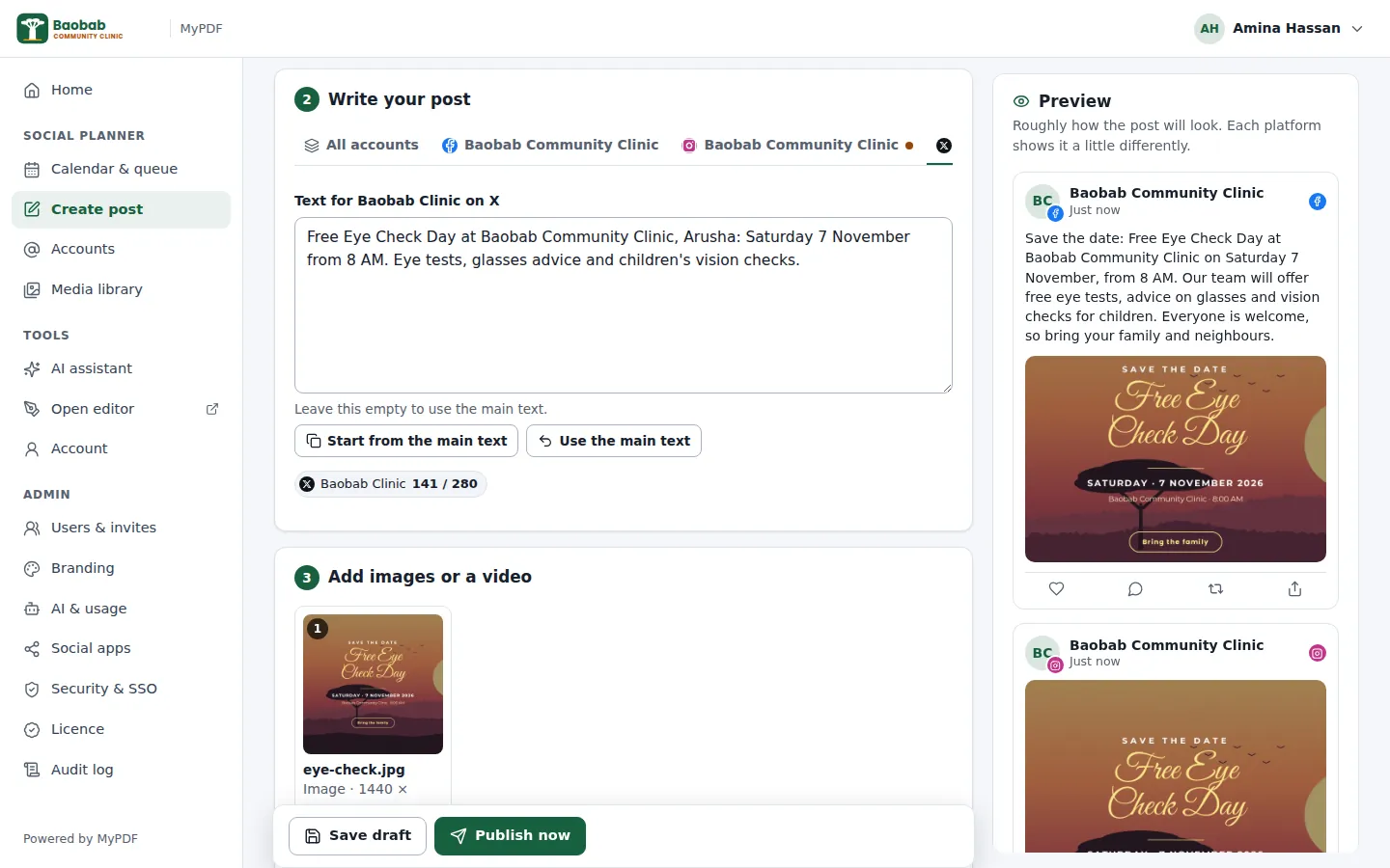 The social post composer with a version of the text for X and previews for each network