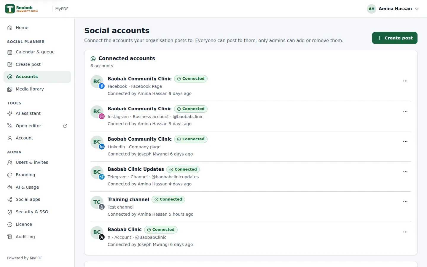 The Social accounts page with six connected accounts