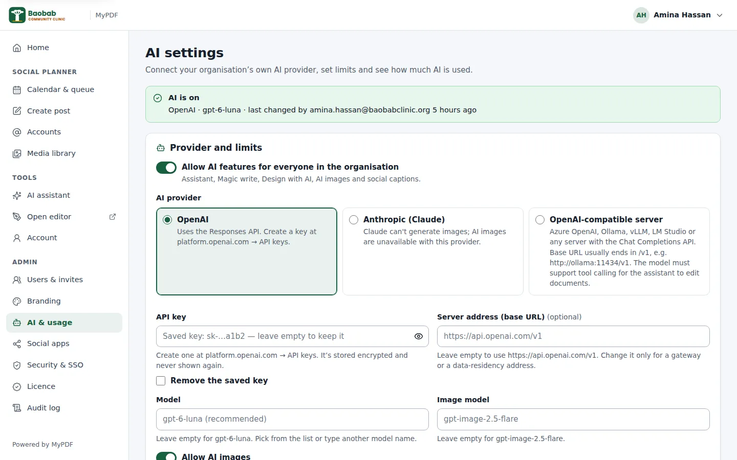The AI settings page with AI switched on, OpenAI chosen, a saved key and the model fields