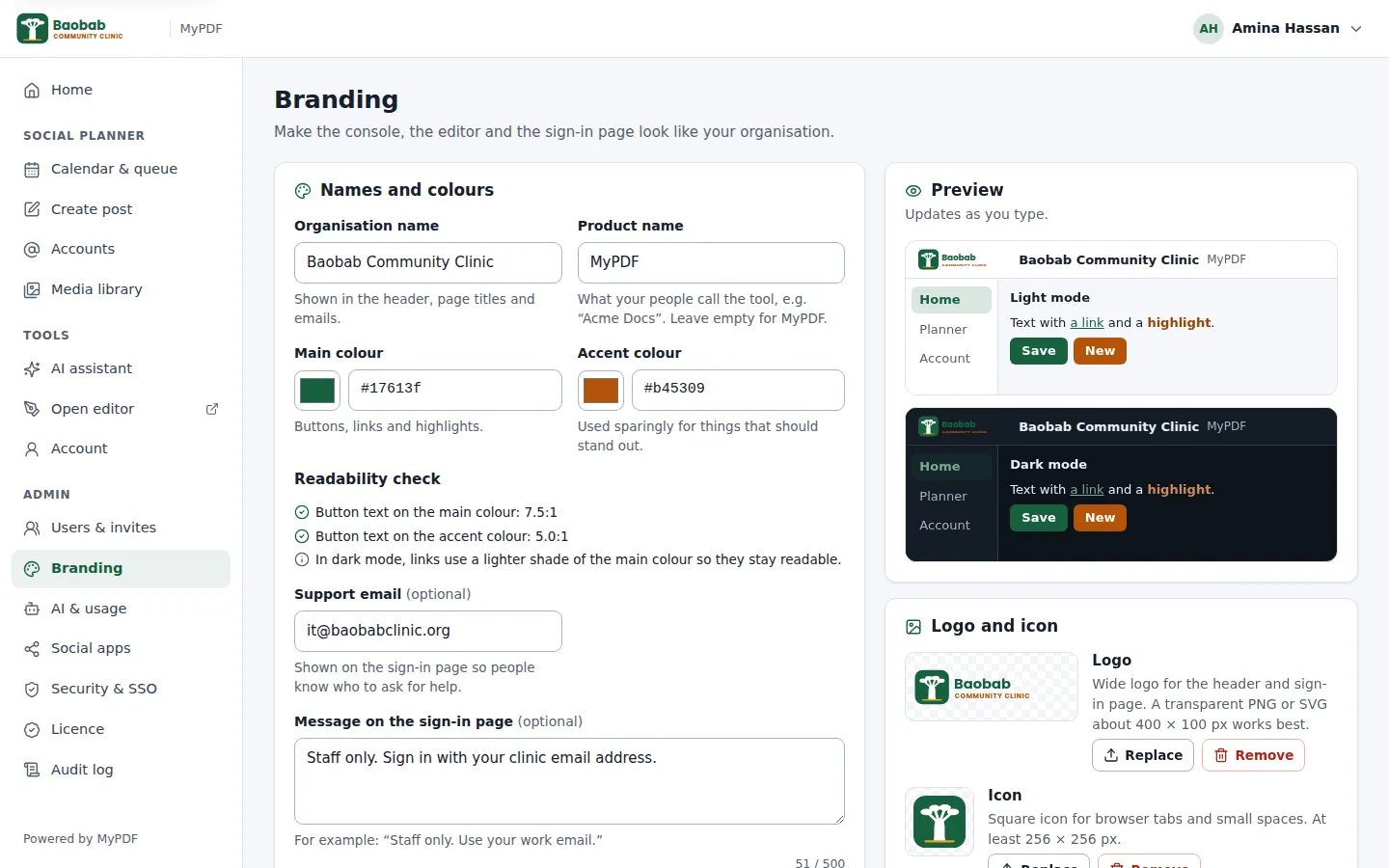 The Branding page with the organisation's name, colours, readability check, logo and a live preview