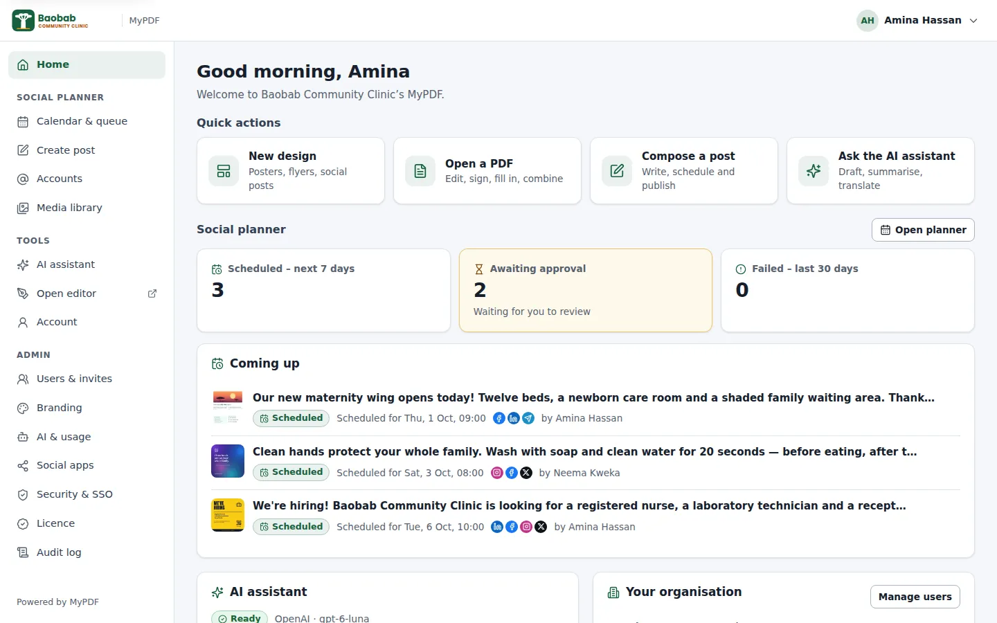 The MyPDF console of Baobab Community Clinic, with its own logo and colours, quick actions and upcoming social posts