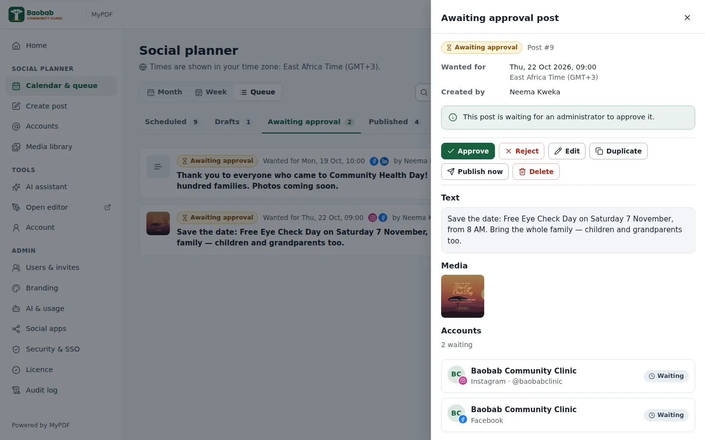A post awaiting approval open in the details panel, with Approve and Reject buttons