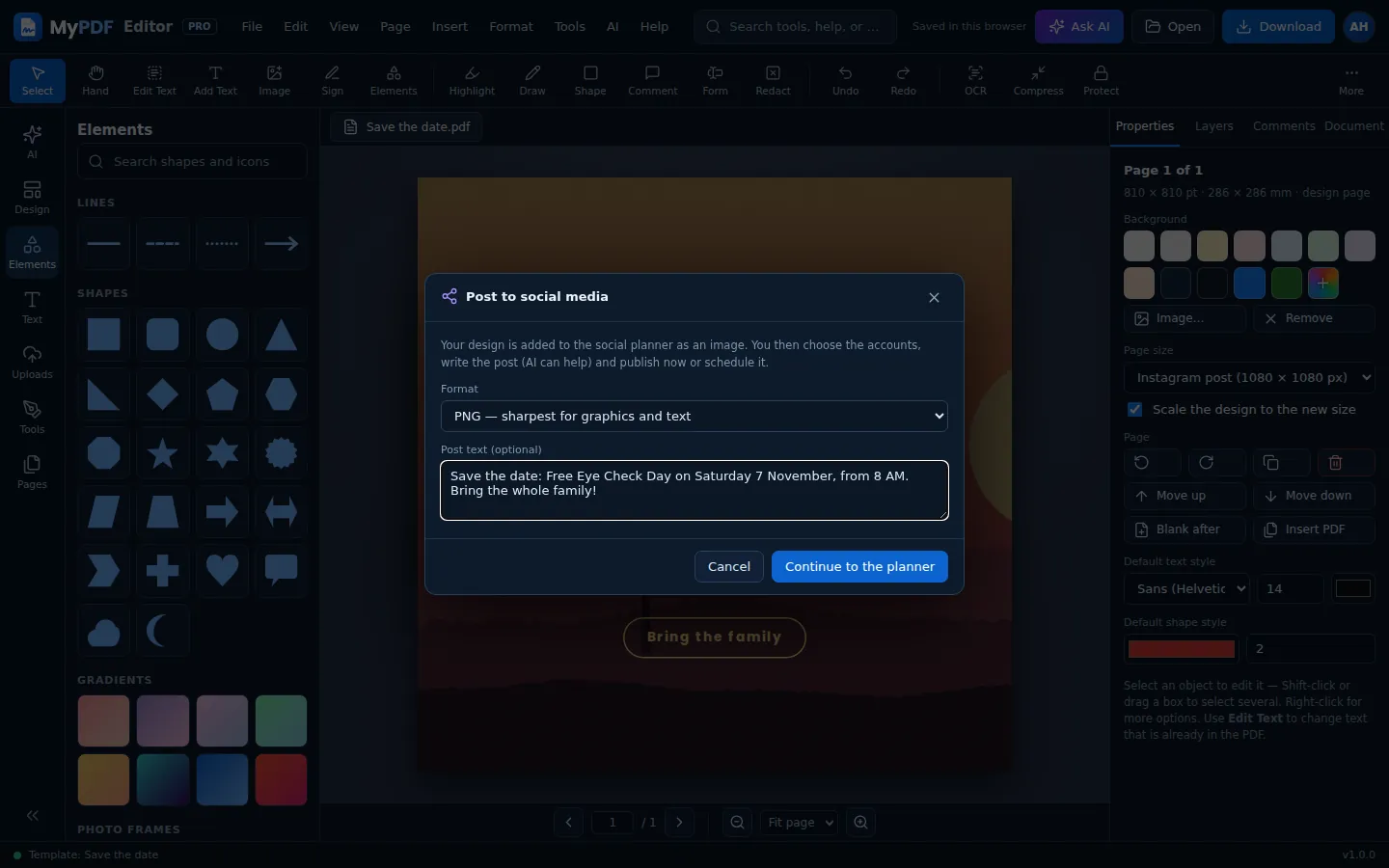 The Post to social media window in the editor with a format menu and post text