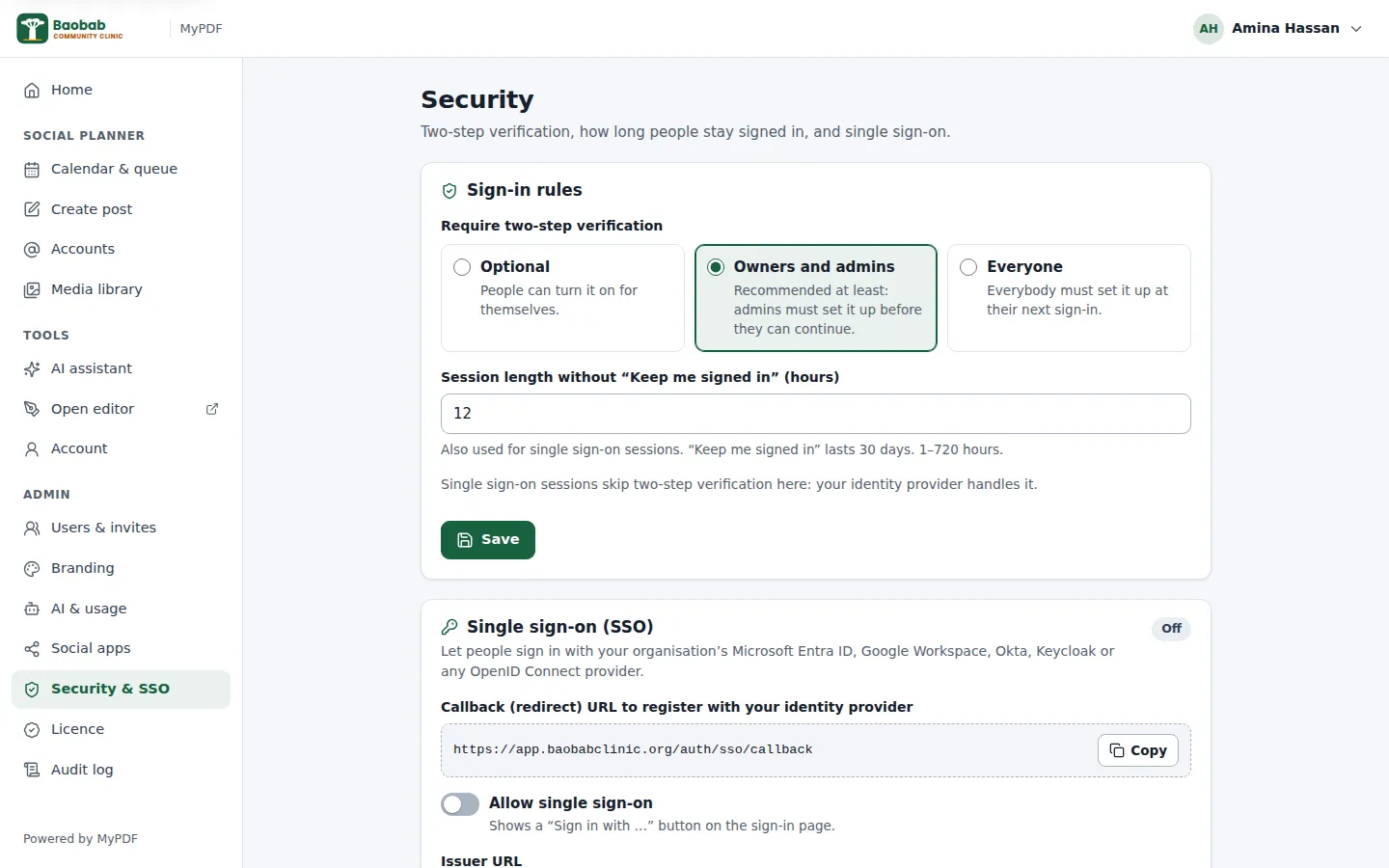 The Security page with the 2-step verification rule set to owners and admins, the session length and the single sign-on section