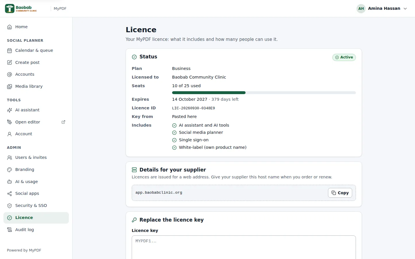 The Licence page showing an active Business licence with 10 of 25 seats used and the included features