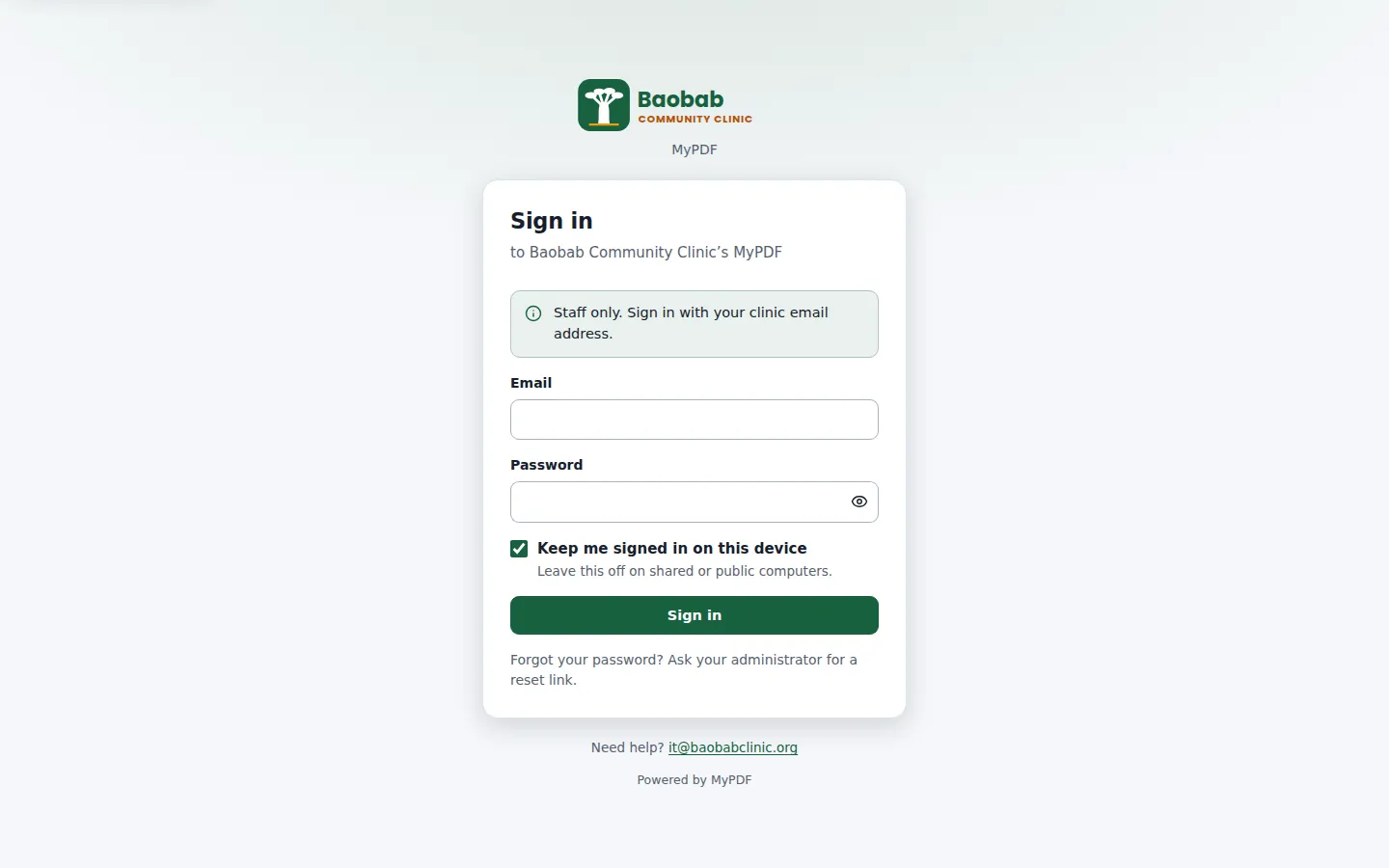 The sign-in page with the organisation's logo, a staff-only message and a support email