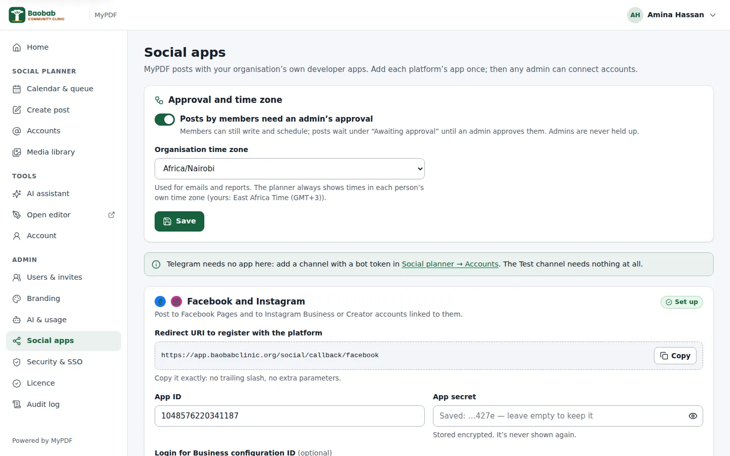 The Social apps page with the approval switch, the time zone and the Facebook and Instagram app settings with its redirect URI