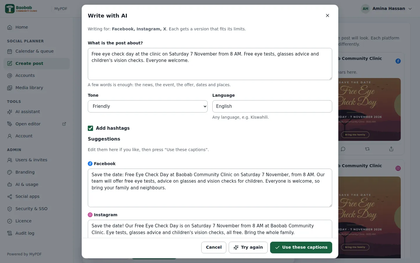 The Write with AI window with captions for Facebook, Instagram and X