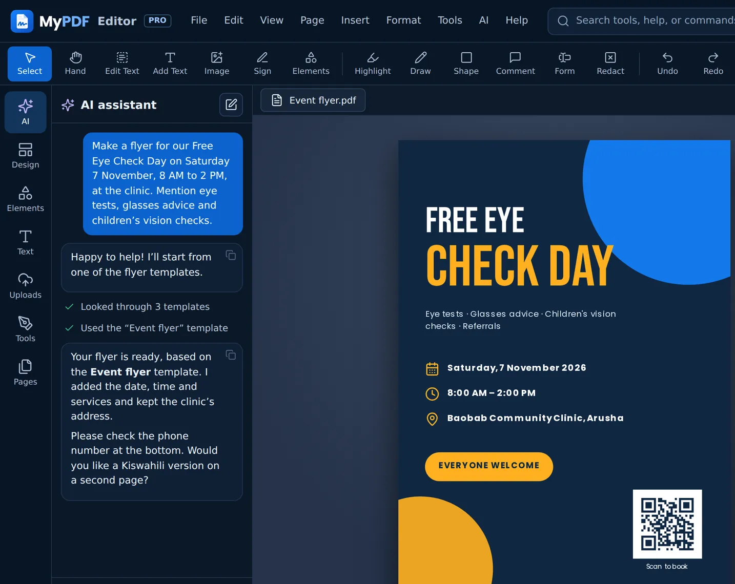The AI assistant panel next to a flyer it has just made for a Free Eye Check Day