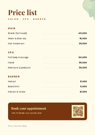 Salon price list template