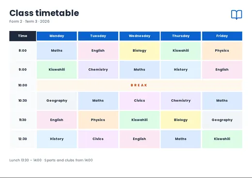Class timetable template